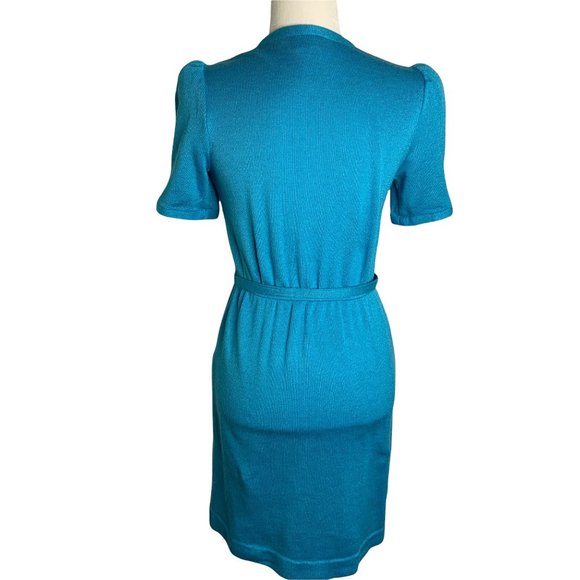 Vintage 70s Leslie Fay Button Down Dress 6 Blue Knit V Neck Belted Union Made - Picture 4 of 7